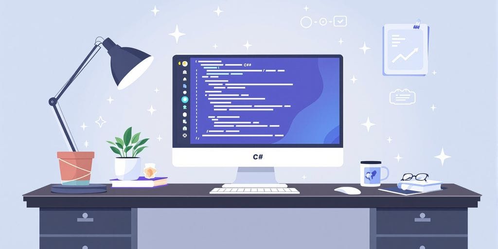 Mesa moderna com computador mostrando código C# e decoração tecnológica.