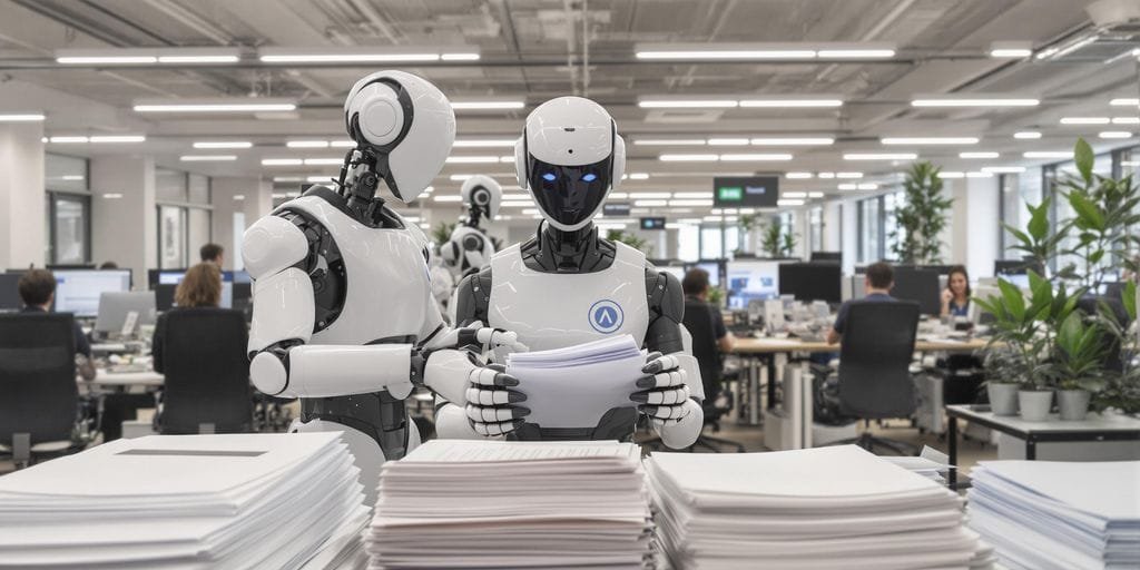 Robô ajudando pessoas em tarefas administrativas em escritório