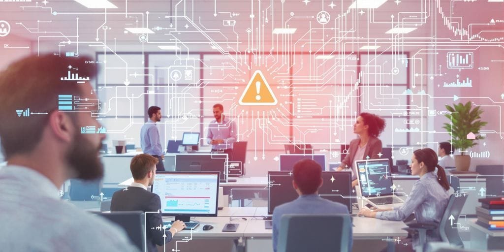 Ambiente de escritório com pessoas preocupadas e computadores ligados