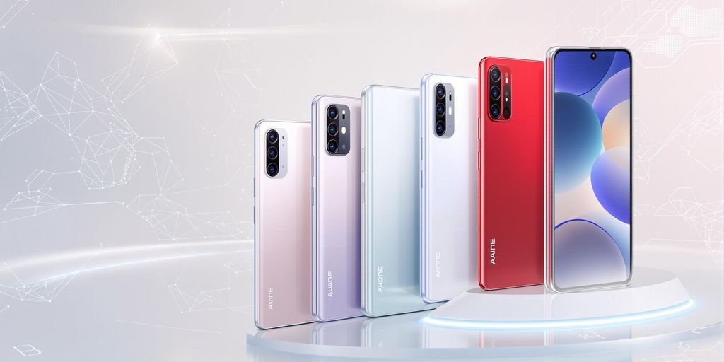 Vários celulares modernos coloridos alinhados em superfície futurista