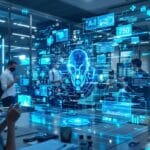 Profissionais interagindo com interfaces de IA em escritório futurista.