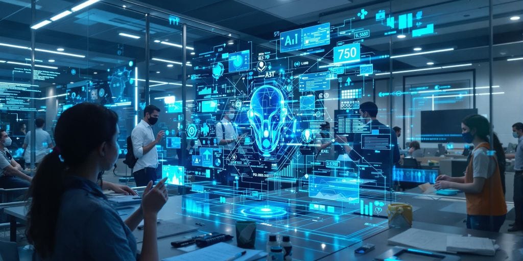 Profissionais interagindo com interfaces de IA em escritório futurista.