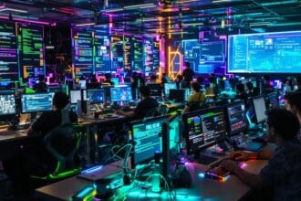 Programadores diversos em um ambiente moderno de codificação vibrante.