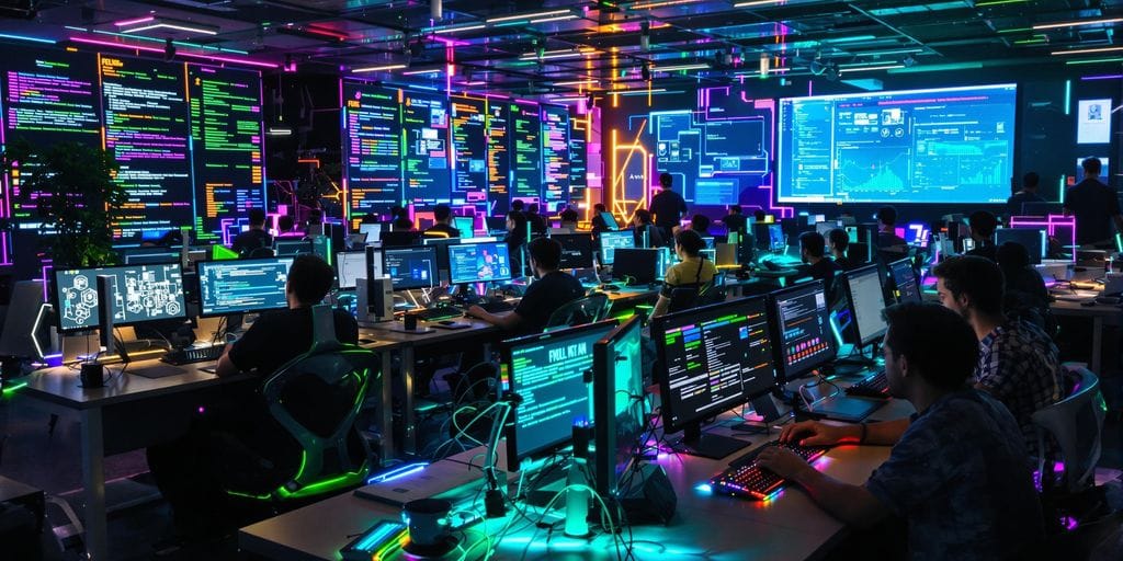 Programadores diversos em um ambiente moderno de codificação vibrante.