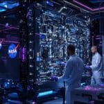Cientistas operando um computador quântico em laboratório futurista