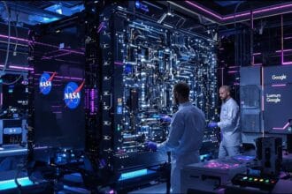 Cientistas operando um computador quântico em laboratório futurista