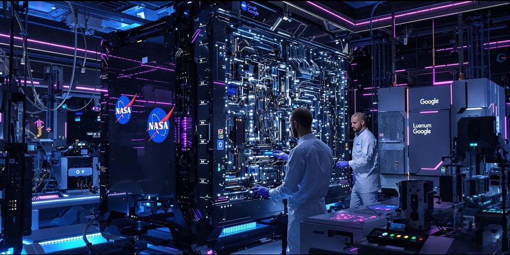 Cientistas operando um computador quântico em laboratório futurista