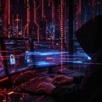 Pessoa encapuzada em sala escura com computadores e luzes digitais