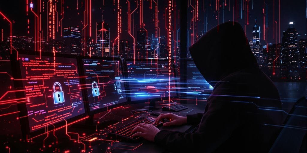Pessoa encapuzada em sala escura com computadores e luzes digitais