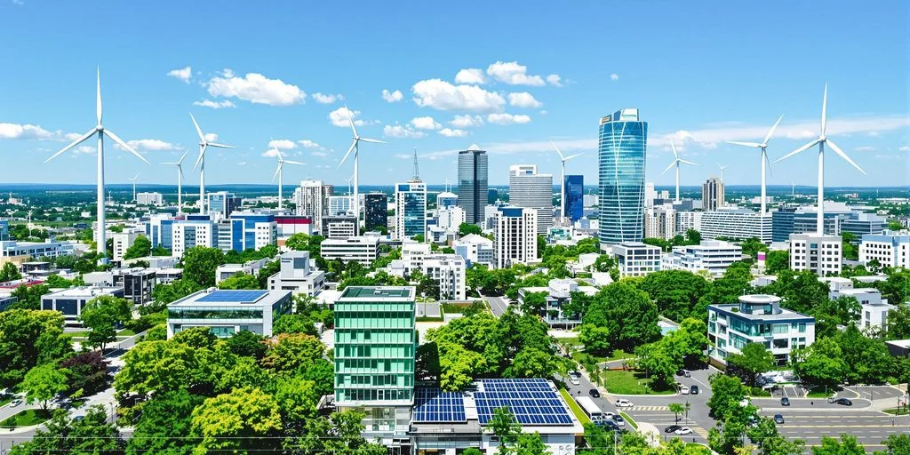 Prédios modernos, árvores, turbinas eólicas e céu azul
