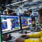 Pessoas diversas usando computadores em ambiente moderno e colaborativo
