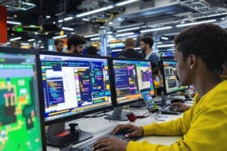 Pessoas diversas usando computadores em ambiente moderno e colaborativo