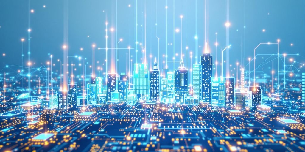 Tecnologia conectada com ícones flutuantes.