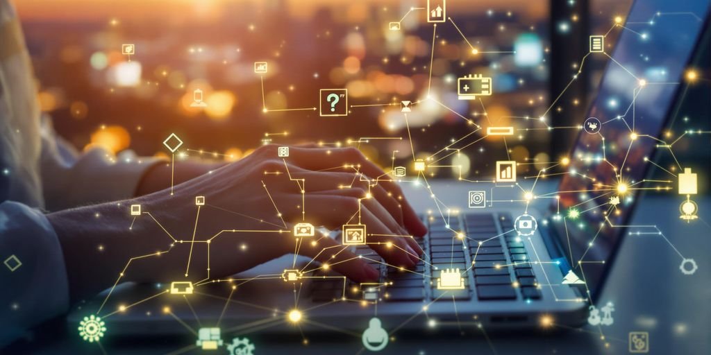 Profissional programando dispositivos IoT conectados.