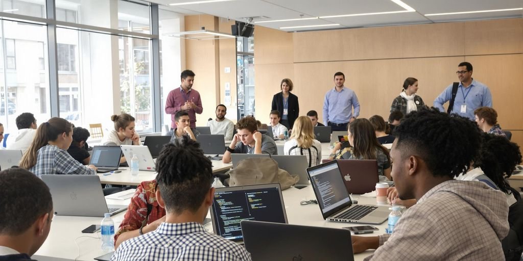 Estudantes em aula de computação em nuvem
