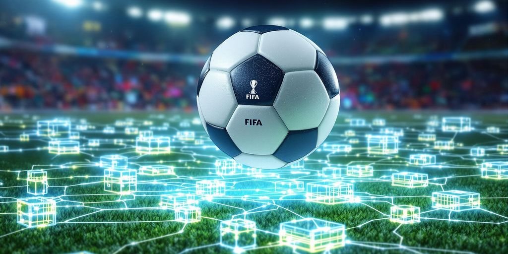 Bola de futebol, logo FIFA, blockchain