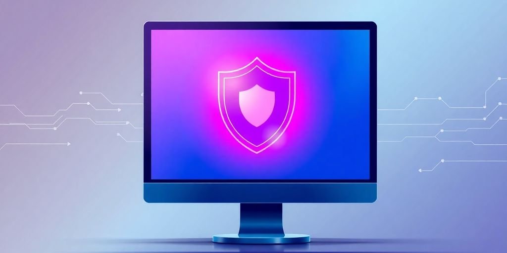 Proteja seu PC com ESET Internet Security: A solução completa de segurança. 2 Software de segurança ESET, ilustração de computador protegido.