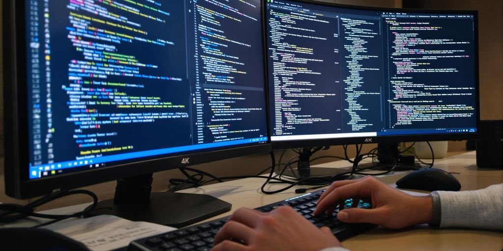 Programador trabalhando com monitores 4K.