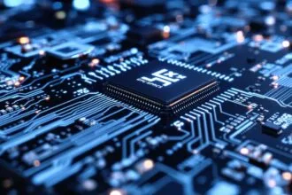 Placa de GPU brilhante com circuitos de computador.