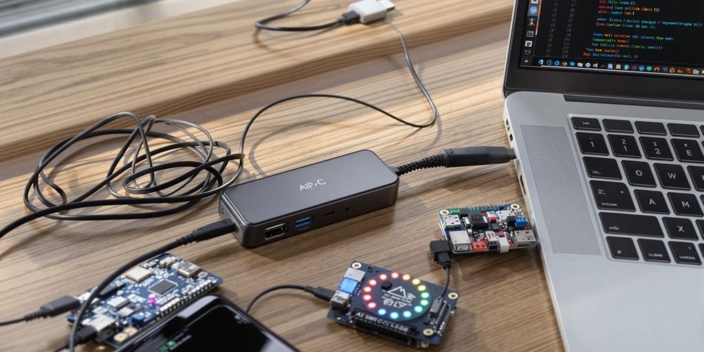 Vários hubs USB-C conectados a laptop em mesa de madeira