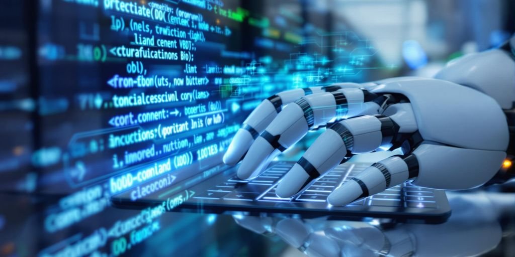 Robô programando, em fundo com código.