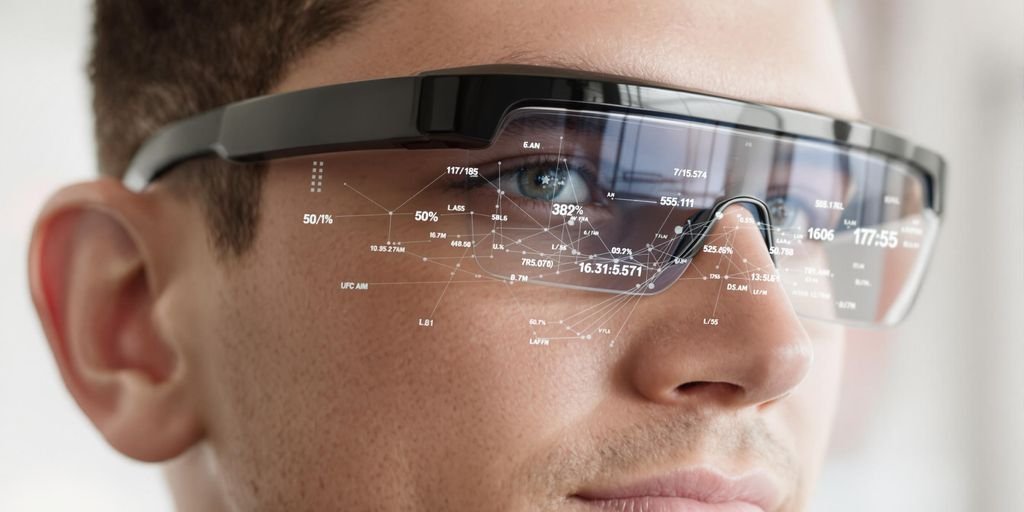 Pessoa testando óculos inteligentes com interface digital visível.