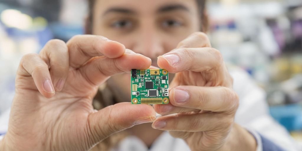 Pessoa interage com placa pequena em laboratório