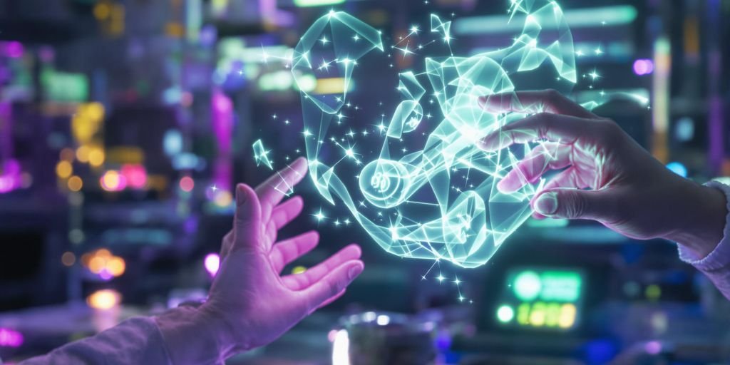 Mãos manipulando holograma tridimensional de inteligência artificial.