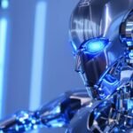 Robô humanoide com braços estendidos, luzes de neon