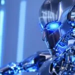 Robô humanoide com braços estendidos, luzes de neon
