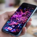 Telefone moderno na mão, com interface de IA visível.