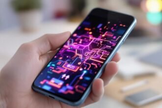 Telefone moderno na mão, com interface de IA visível.