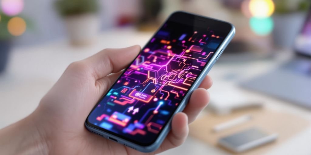 Telefone moderno na mão, com interface de IA visível.