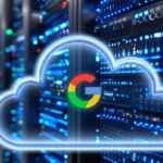 Servidor de computador com nuvem e logo do Google.