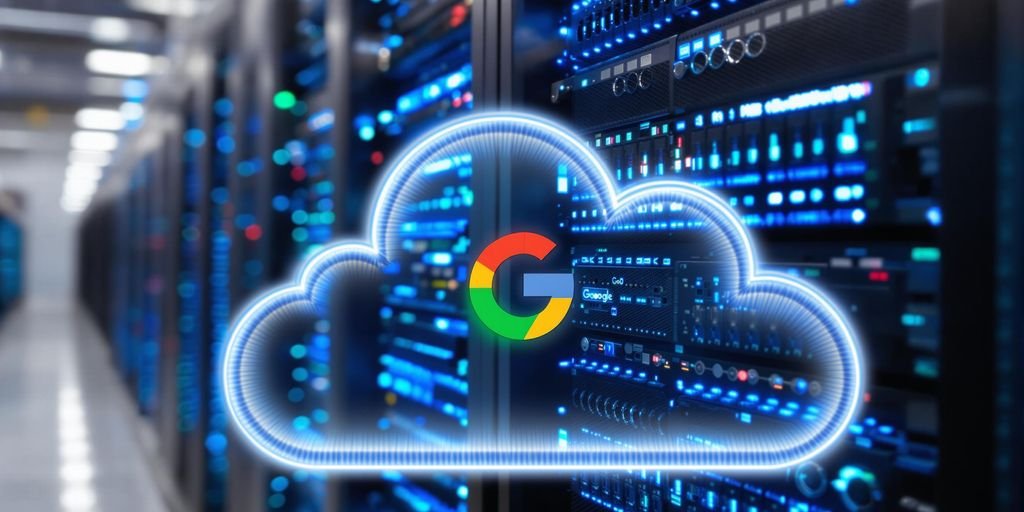Servidor de computador com nuvem e logo do Google.