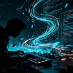 Homem em frente a um computador com código digital.