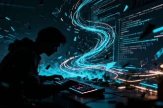 Homem em frente a um computador com código digital.