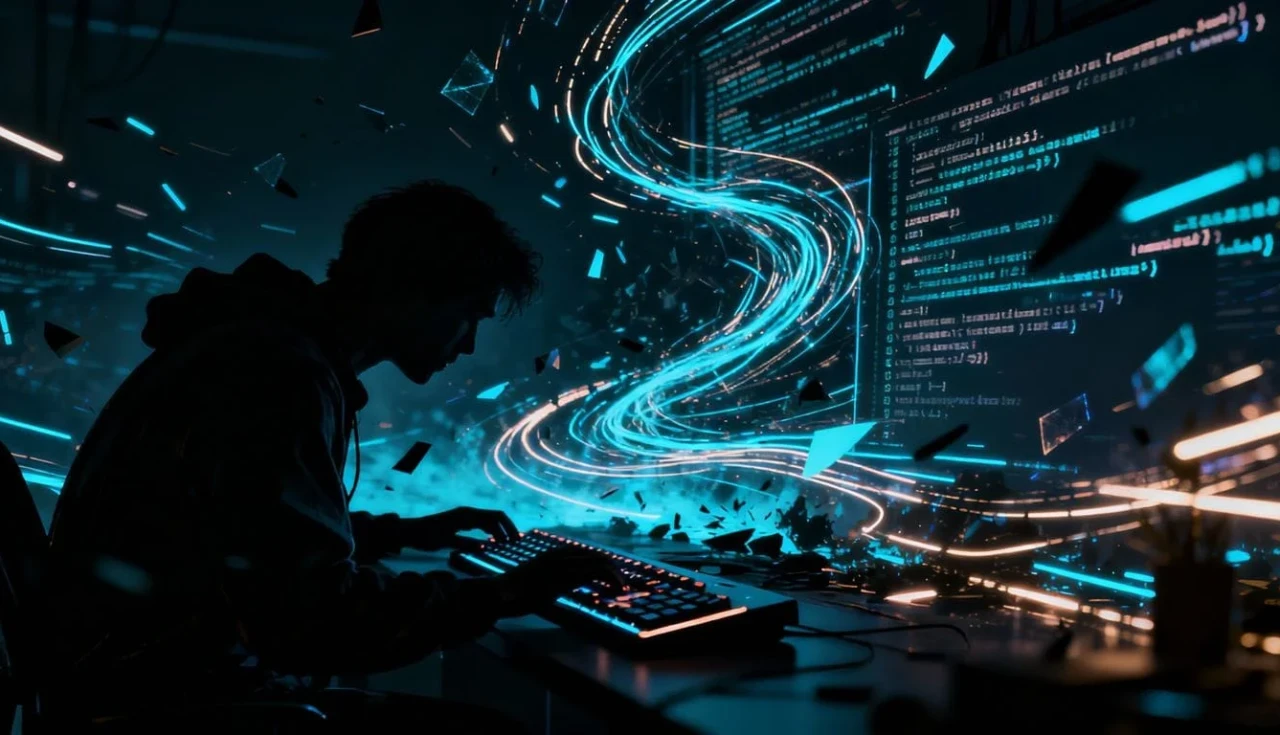 Homem em frente a um computador com código digital.