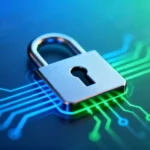 Ícone de cadeado em interface digital com padrões de circuito.