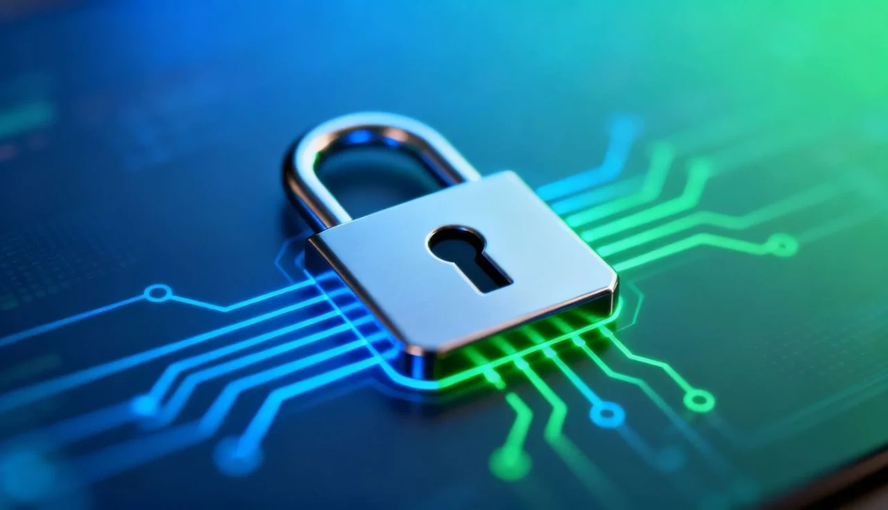 Ícone de cadeado em interface digital com padrões de circuito.