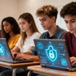 Alunos brasileiros estudando cibersegurança em sala de aula moderna