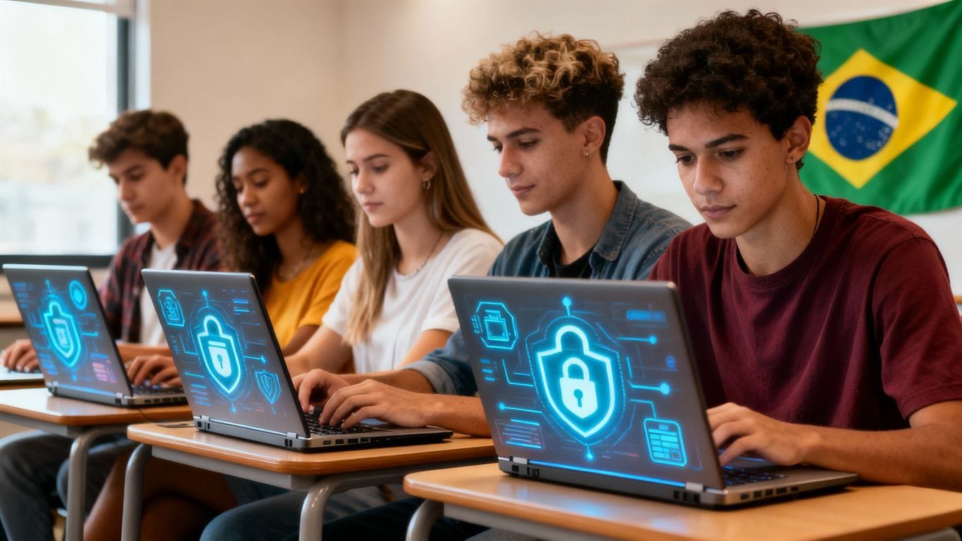 Alunos brasileiros estudando cibersegurança em sala de aula moderna