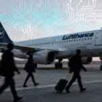Avião da Lufthansa com circuitos de inteligência artificial ao fundo