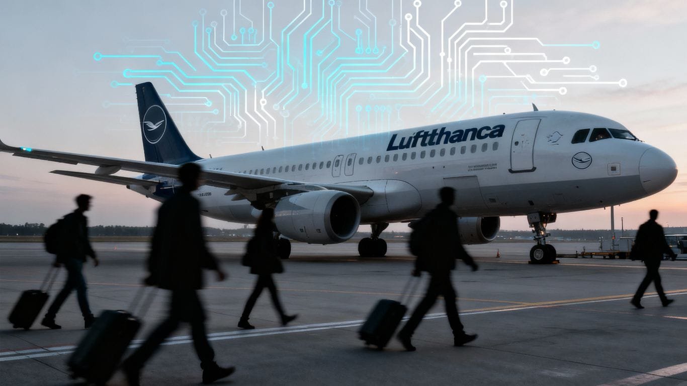 Avião da Lufthansa com circuitos de inteligência artificial ao fundo