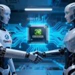 Robôs com logotipos da OpenAI e AMD apertando as mãos