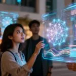 Pessoas interagindo com interfaces holográficas de IA.