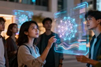 Pessoas interagindo com interfaces holográficas de IA.