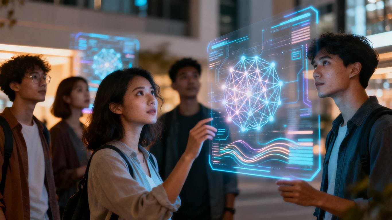 Pessoas interagindo com interfaces holográficas de IA.