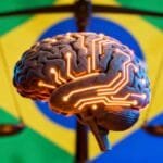 Cérebro com circuitos e balança da justiça.