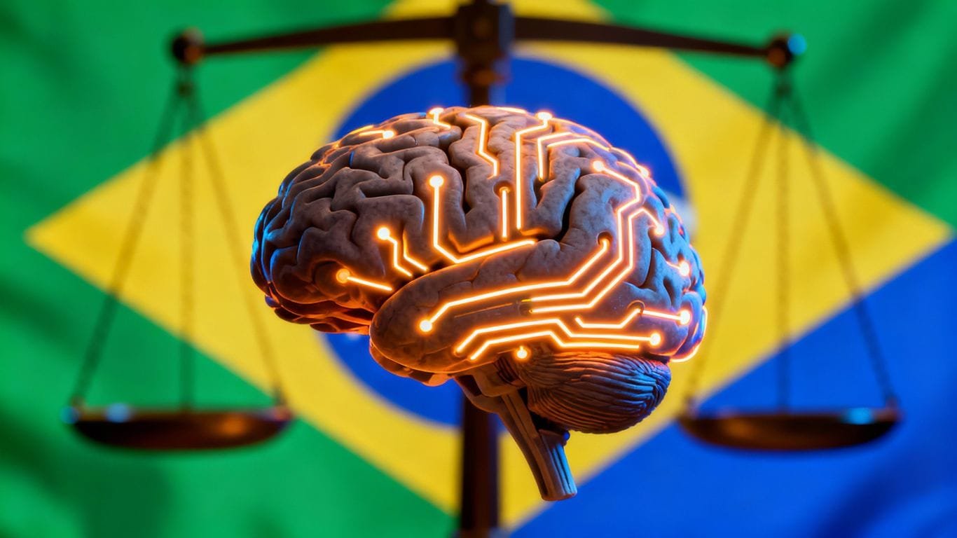 Cérebro com circuitos e balança da justiça.